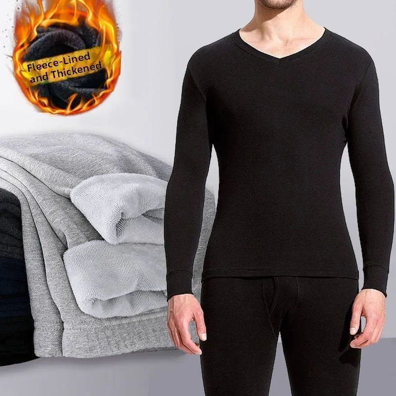 Men's Thermal Underwear Set Pure Color Slim Fit round Neck Fleece Lined Thickened Base Shirt Top Autumn Bottoms
