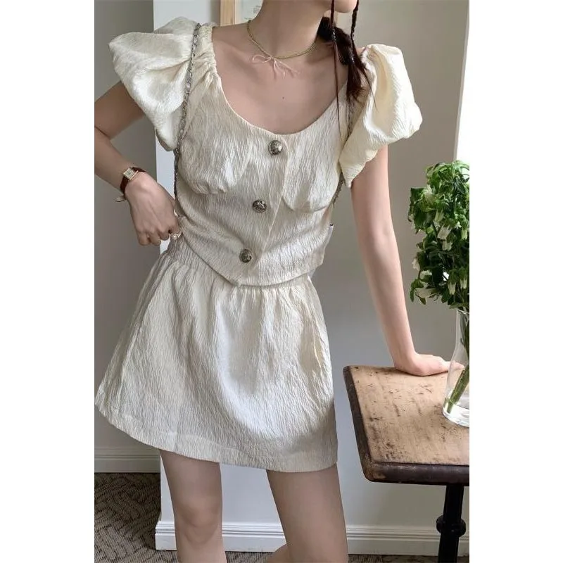

French Gentle Style Suit Dress New Summer Style with Charming Puff Sleeves Short - Sleeved Shirt and Skirt Two Piece Set