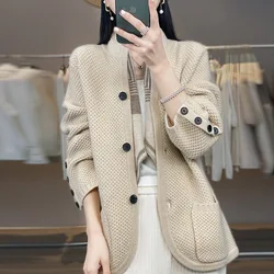 Autumn Winter New Cashmere Sweater Women's Mock Neck Cardigan 100% Merino Wool Knitted Top Fashion Korean Underlay Luxury Jacket