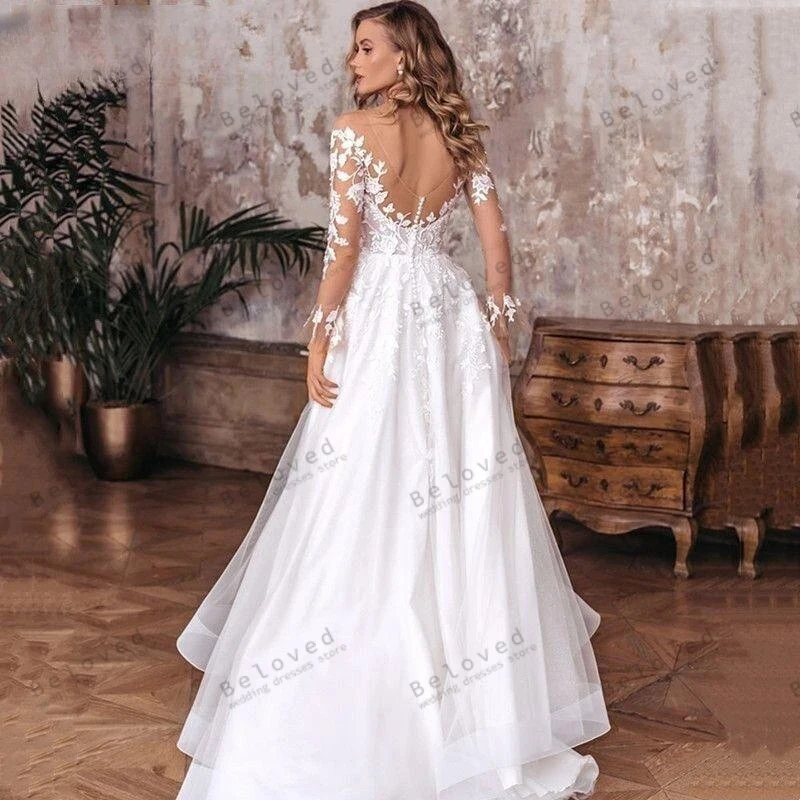 Vestidos de noiva com apliques de renda, fenda alta, vestes sem costas para festa formal, vestidos de casamento vintage sexy, 2024