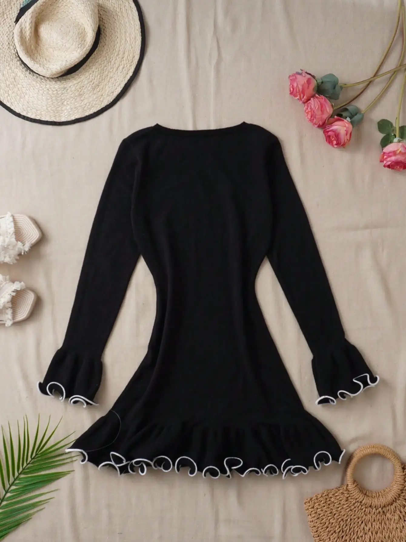 Black Velvet Long Sleeve Mini Dress with Ruffled Hem and Contrast Trim