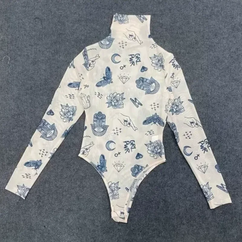 

Осенняя сексуальная женская одежда, европейско-американский пуловер с высоким воротом, узкий слегка прозрачный боди с длинными рукавами и принтом