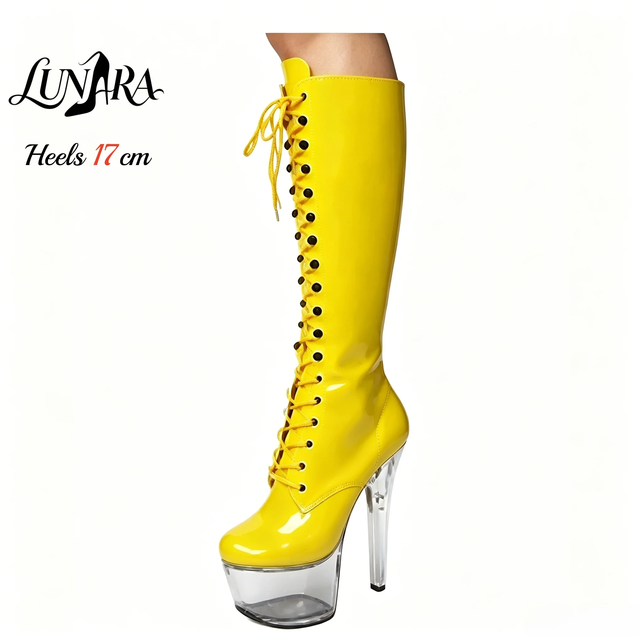 Womens 17cm/7Inch Red Patent Lace-up Closed Toe Clear Platform Stiletto Mid-calf Boot Runway Stripper Pole dance Nightclub Rave