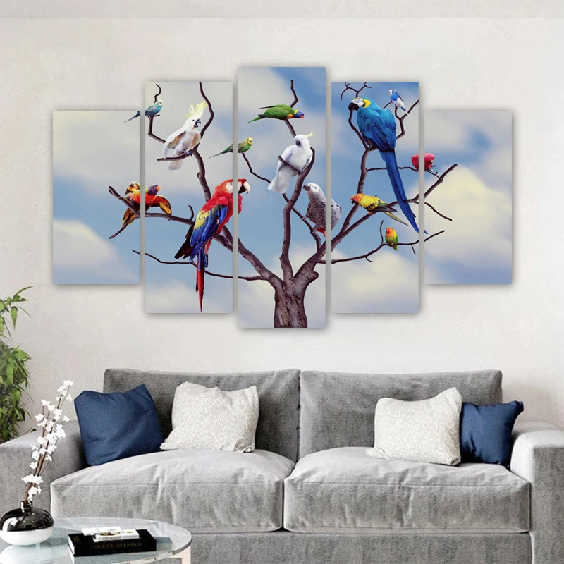 5 Pieces Parrots Birds Posters Animal Canvas Painting Wall Art for Living Room Home Decoration Modern Abstract Prints No Frame