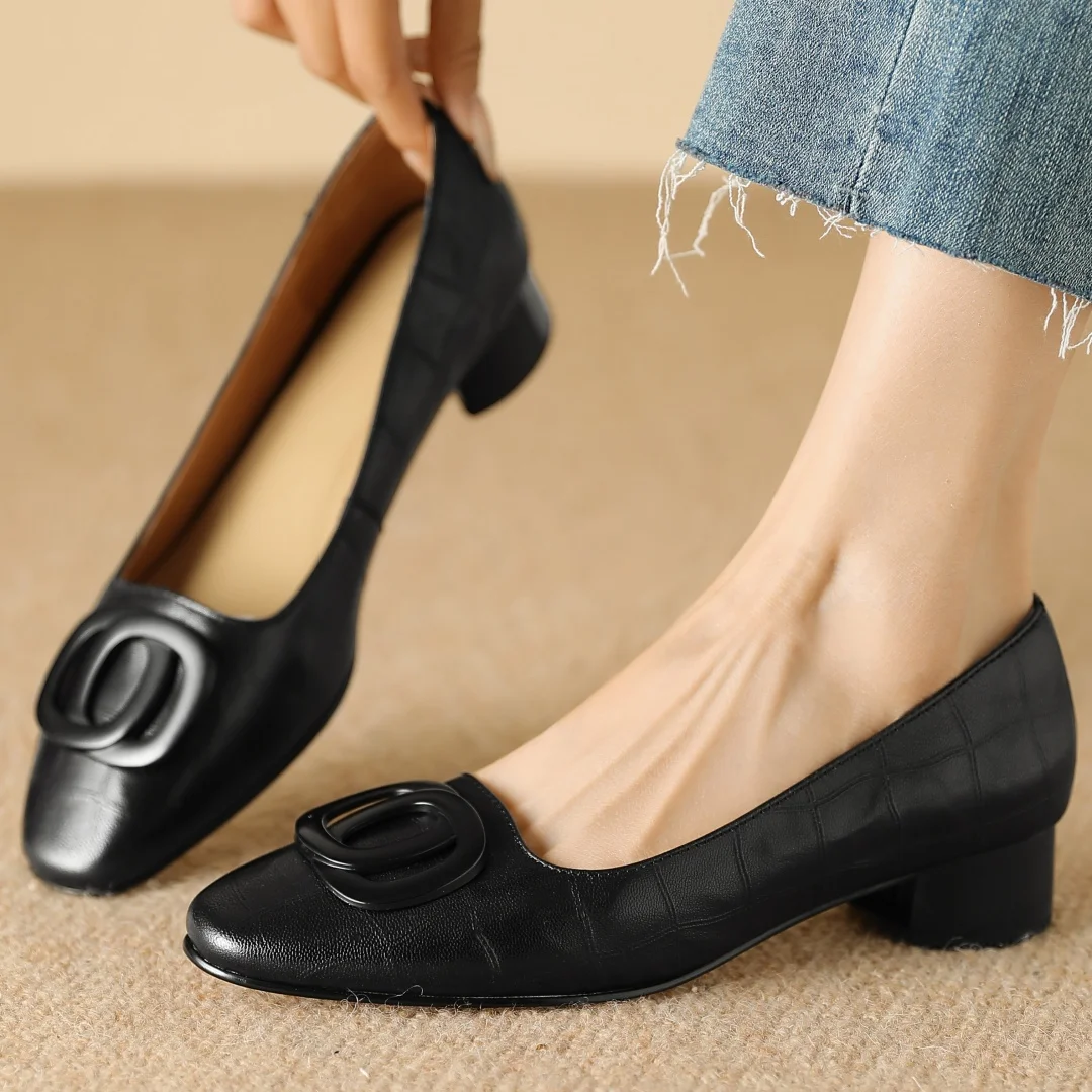 Women's sheepskin round toe metal buckle slip-on pumps 3cm thick low heel elegant ladies Ol style daily slim dress heels shoes view 5