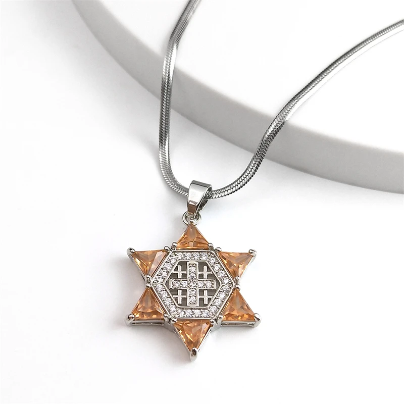 Jerusalem Kreuzfahrer Kreuz Magen Stern von David Halskette für Frauen Männer Zirkon Edelstahl Hexagramm Halsketten Schmuck ntps05