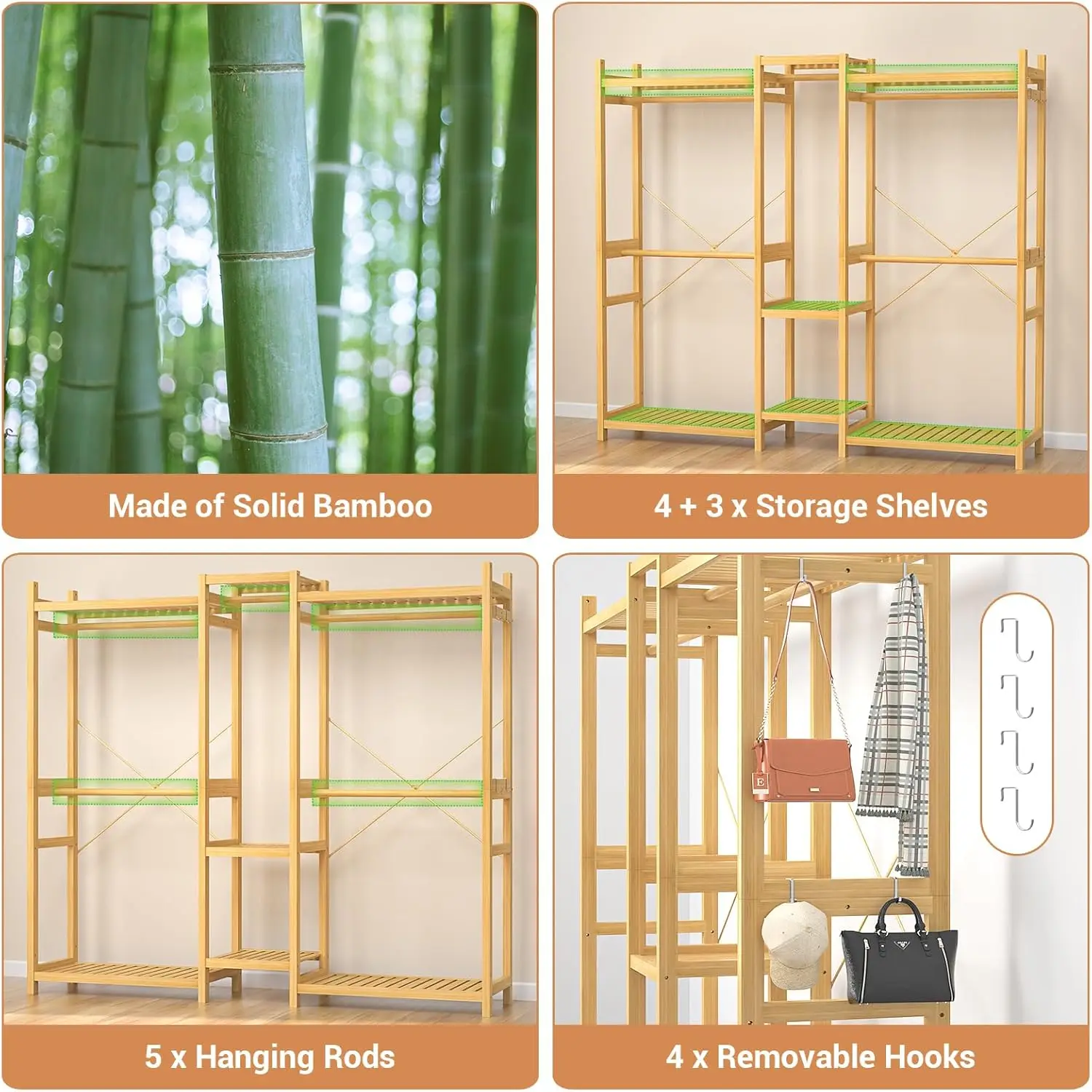 Bamboo Closet System Clothes Rack, Large Freestanding Garment Rack Clothing Rack for Hanging Clothes with 7 Storage Shelves and