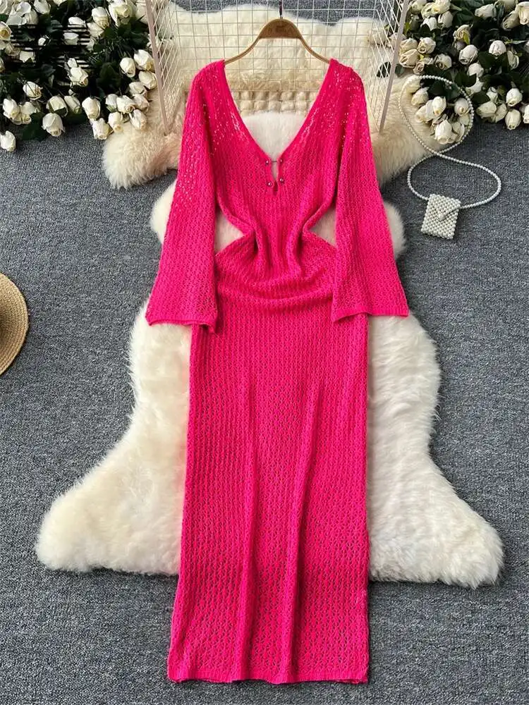 BabYoung مثير منتصف طول الحياكة المرأة الصيف مضيئة كم الخامس الرقبة الجوف خارج السيدات منتظم صالح مزاجه الصلبة اللباس