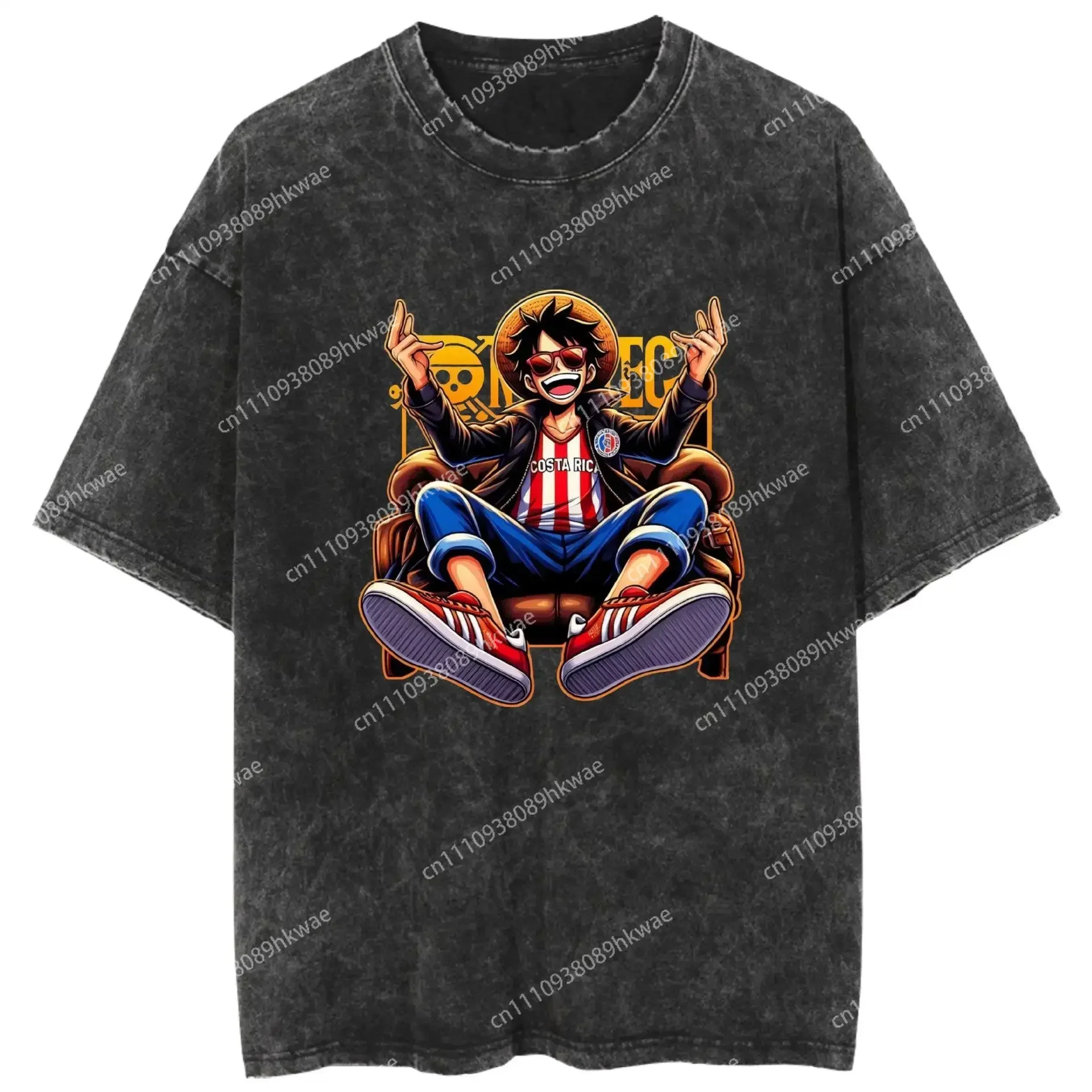 One Piece Vintage Washed Cotton T Shirt Oversized Streetwear Monkey D. Luffy Cool Casual Sofa Pose Retro Anime
