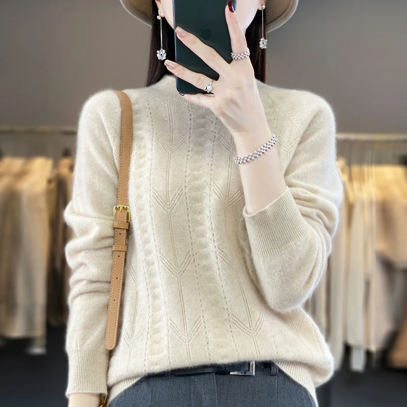 Autumn and Winter 2023 New Women\'s Half High Collar Pullover 100% Merino Wool Knitted Top Casual Loose Cashmere Sweater