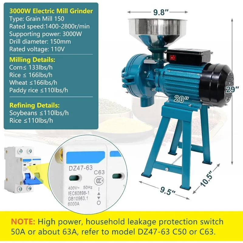 Grain Mills Wet Dry Cereals Grinder,Wheat Feed Mill Flour Mill with Funnel (Dry & Wet Grinder)，home.