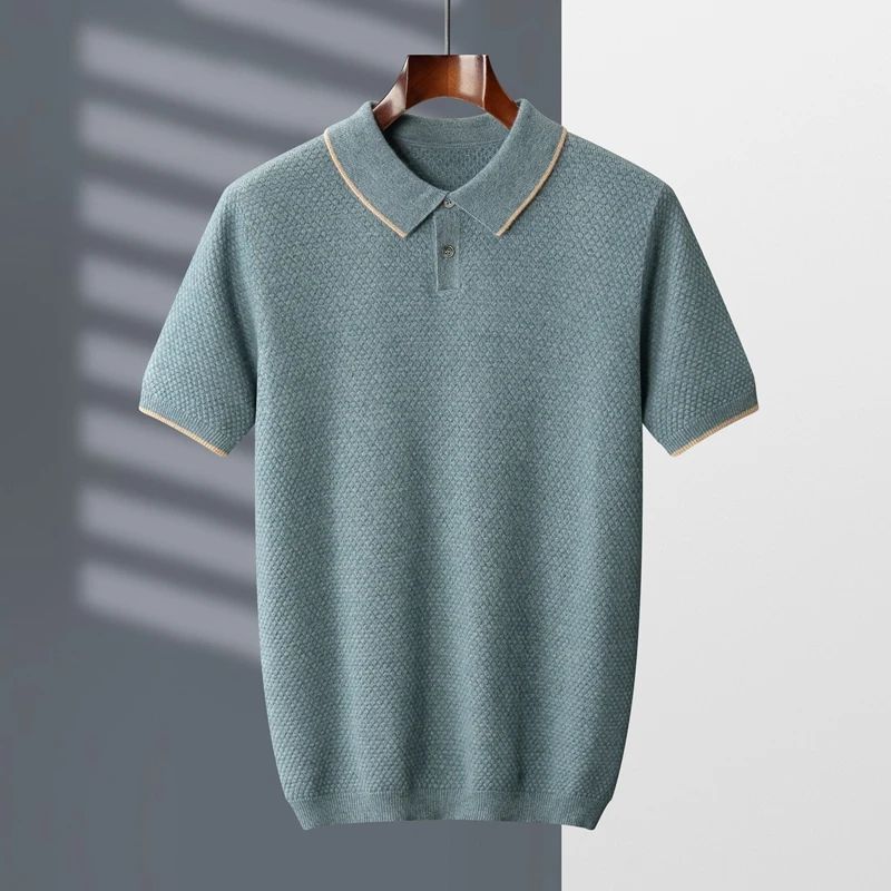 

MVLYFLRT 100% Goat Cashmere T-shirt Men's POLO Collar Short Sleeve 2022 Spring and Autumn New Fashion Knitted Pullover Tank Top