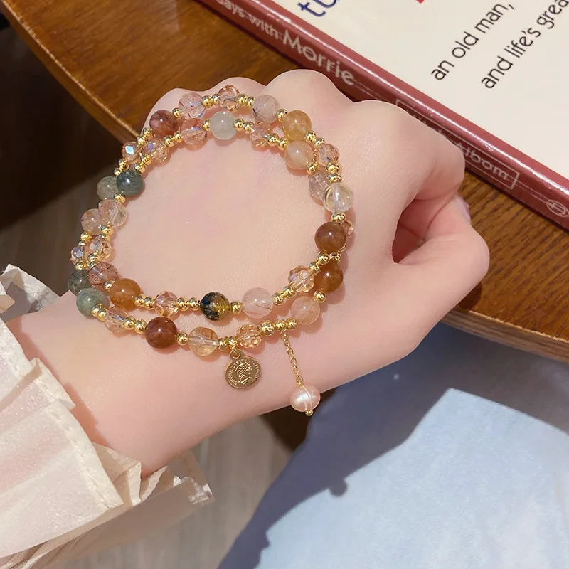 Sweet Princess Style Colorful Hair Crystal Double Ring Special-Interest Design Simple Bracelet Girlfriends Birthday Gif