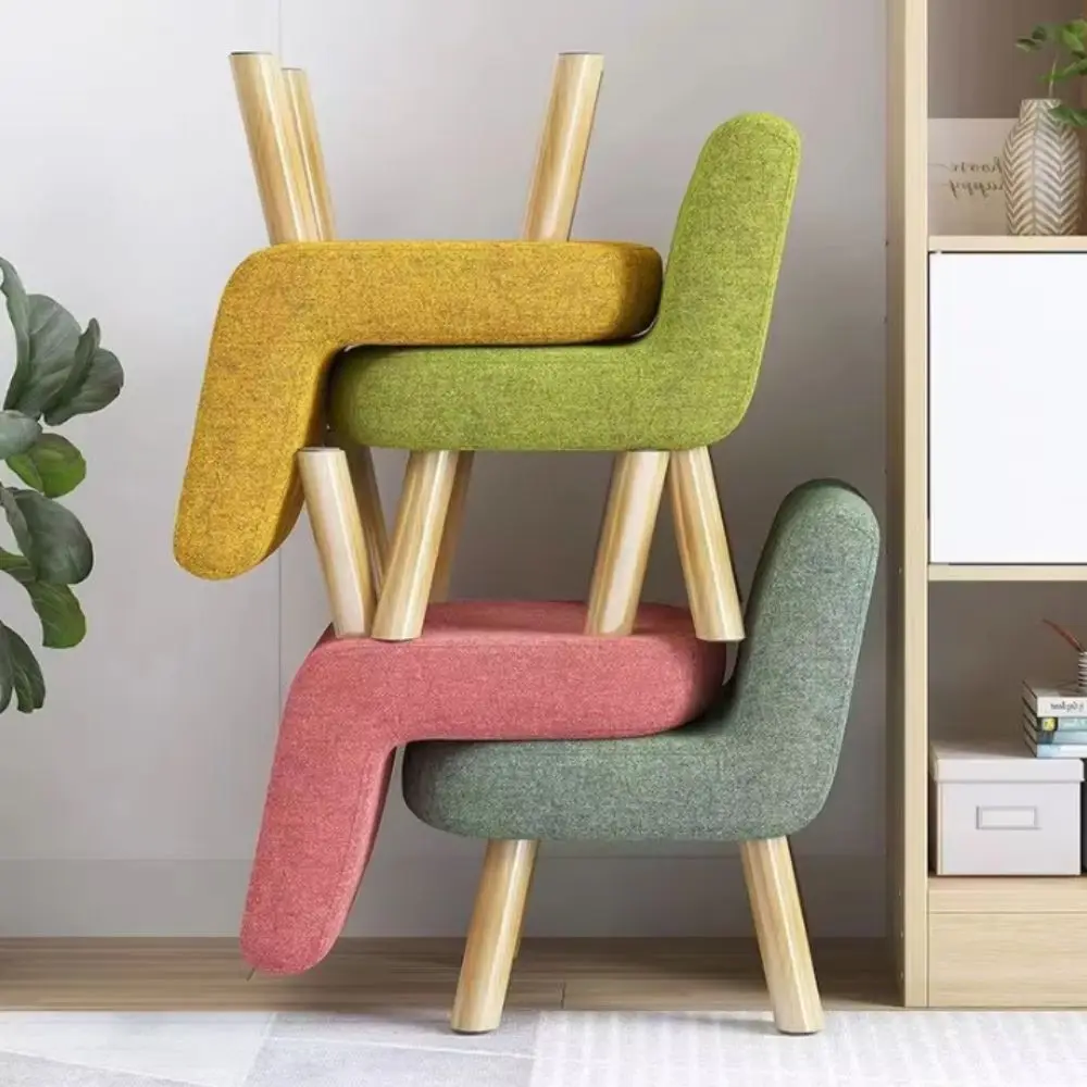 Luxury Solid Wood Small Stool Fabric Bench Cute Fabric Backrest Chair Small Compact Removable Washable Low Stool Household Use