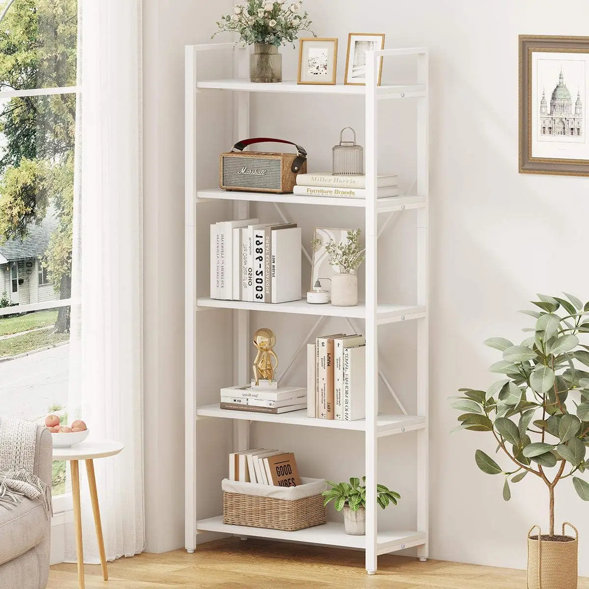

5 Tier Bookshelf, Metal and Wood Bookcase, Etagere Book Shelf for Display, Modern Shelving Unit Tall Book case for Home