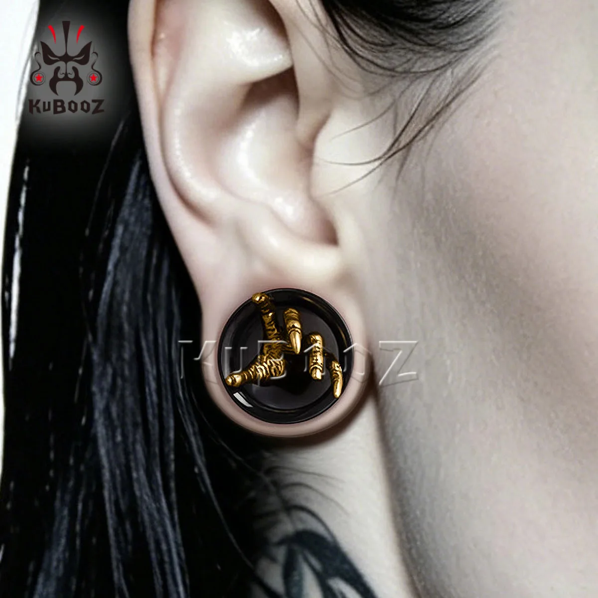 KUBOOZ 2 Stück 3D-Klauen-Ohrstrecken aus schwarzem Edelstahl, hohle Ohr-Tunnel-Expander im Gothic-Punk-Stil, Piercing-Plugs – Detail 1