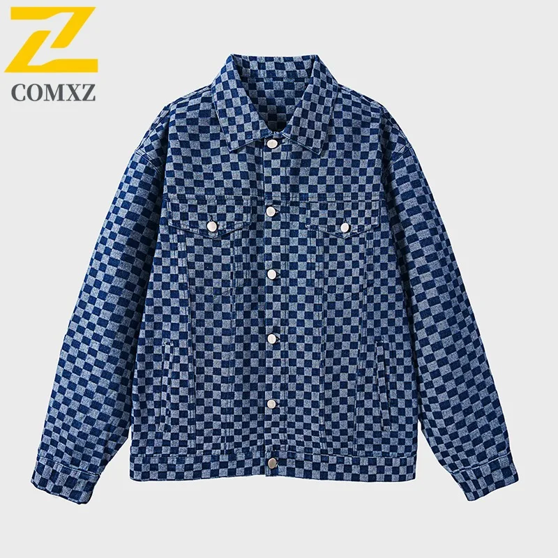 

COMXZ 2025 Men Notch Collar Denim Shirt Checkerboard Pattern Jacket American Style Couple Coat Autumn Fashion New Arrival Trendy