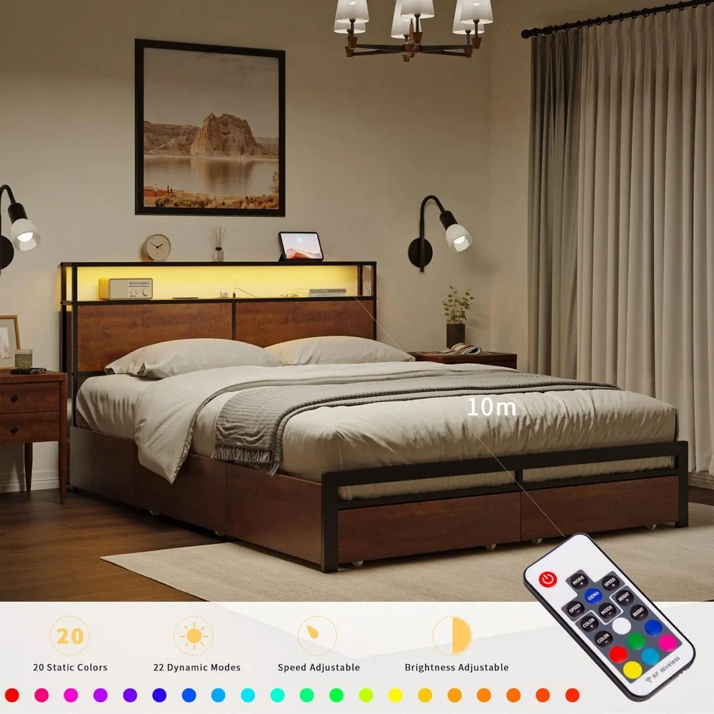 Bed Frame with Storage Headboard and 4 Drawers Bed Frame Size with Charging Station LED Lights Metal Platform Non-Sl image 3