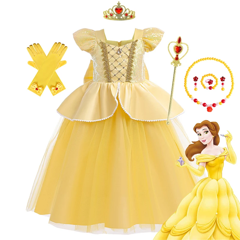 Belle princesa vestido meninas cosplay disney bela e a fera cinderela neve branca trajes crianças halloween carnaval roupas