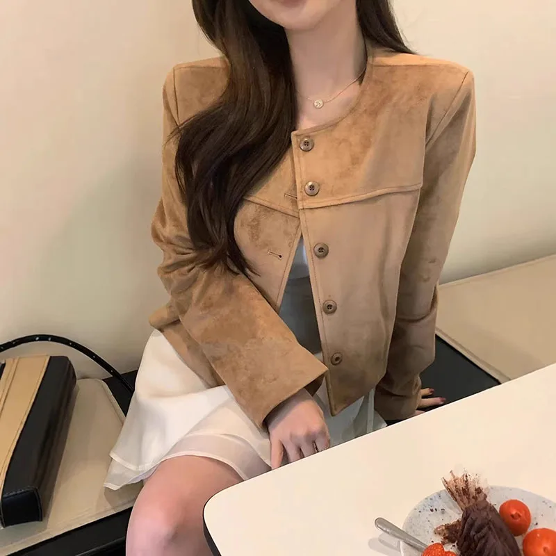 

Vintage Faux Suede Single Breasted Women Jacket American Style Fashion Solid Color Round Neck Short Coat Female Casual Outerwear