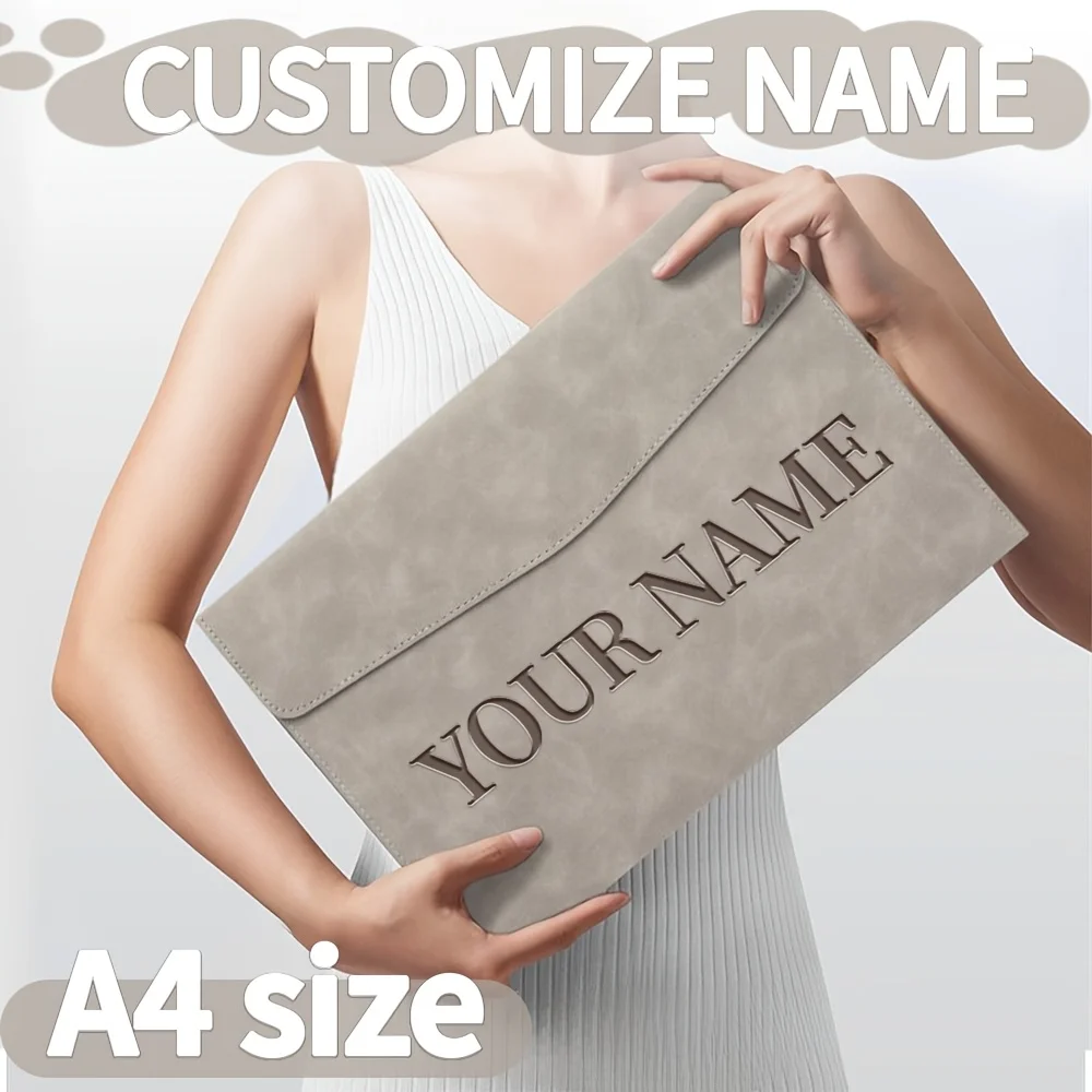 Personalized PU Leather A4 File Folder Custom Name Magnetic Closure File Bag Waterproof Document Laptop Bag for Office School