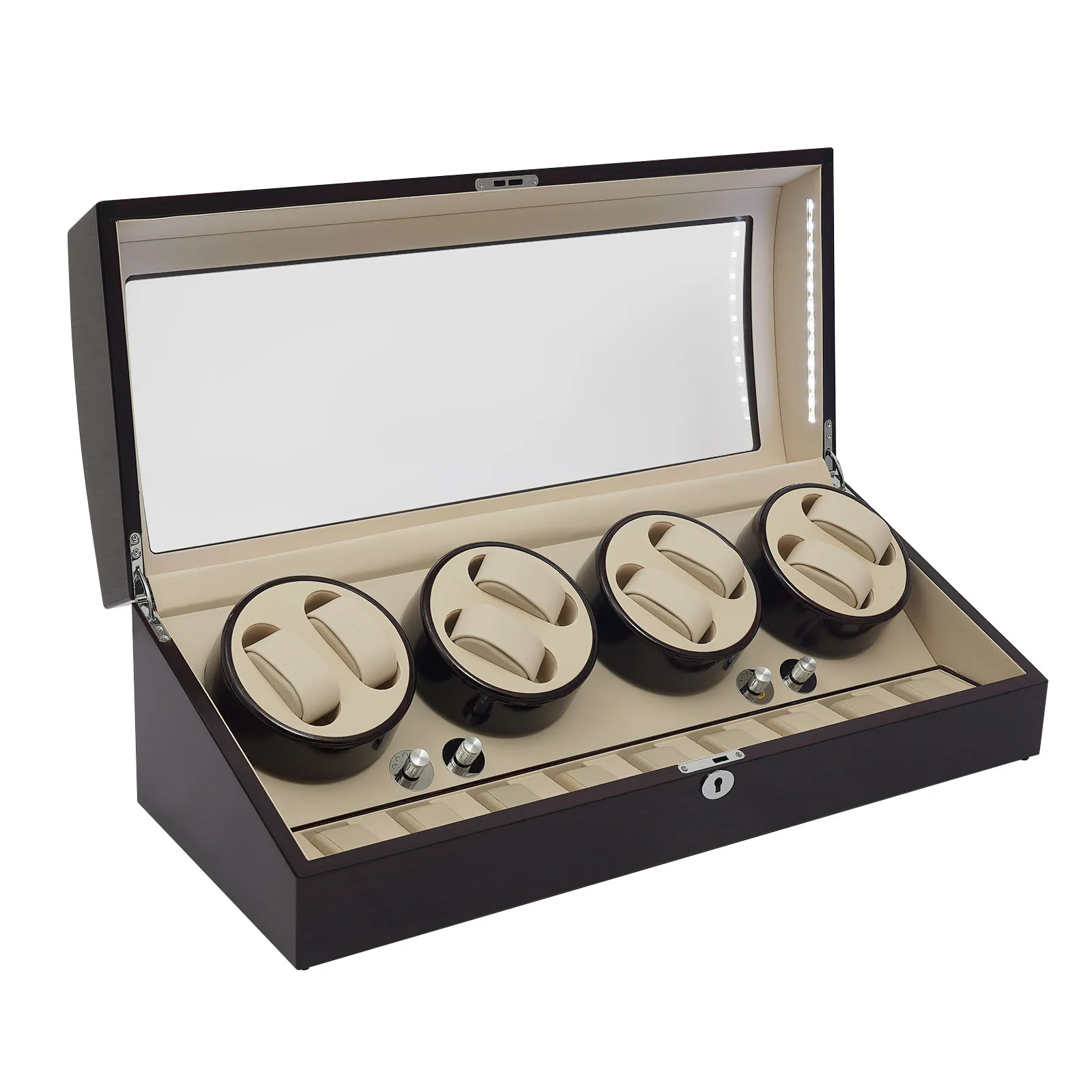 ملفاف ساعة 8+9 للساعات الأوتوماتيكية، علبة عرض ساعة محرك صامتة 10 ديسيبل مع غطاء مفتوح توقف 5 سرعات طلاء خبز من خشب الأبنوس #5