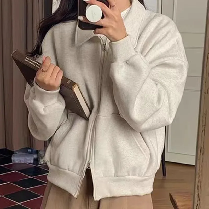 Chic Spring Autumn Loose Fit Zipper Collar Sweatshirt Jacket Women's Cardigan Small Size Friendly Double Head Zipper Design