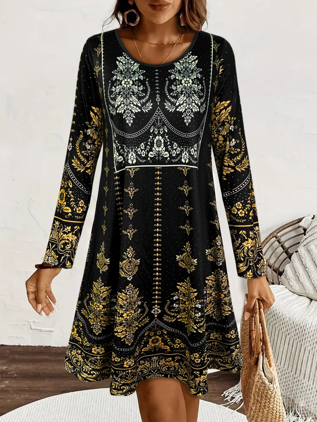 Zwarte damesjurk met lange mouwen, elegante jurk met lange mouwen voor dames, elegante casual en feestkleding