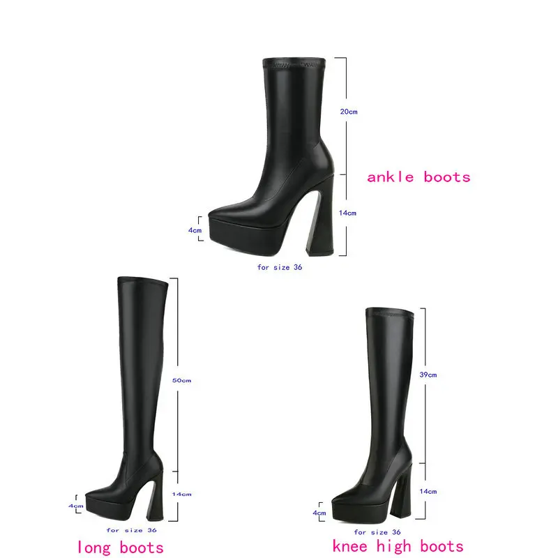 2022 Women Ankle Boots Platform Square High Heel Ladies Short Boots Faux Leather Pointed Toe Dress Female Shoes Plus Size 45