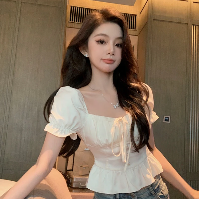 Puff Sleeve Blouses Women Ruffles Tender Lace-up Fashion Slim Hotsweet Solid All-match Summer New Vintage Female Korean Style