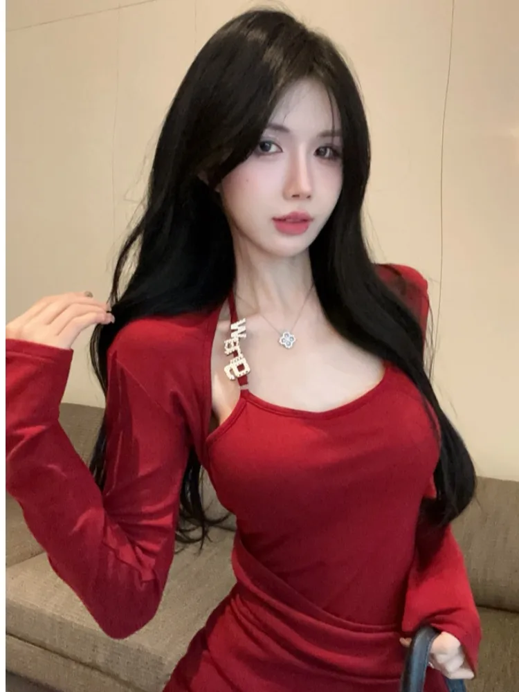 

Red Asymmetrical Maternity Dress Women's Autumn Winter Sexy Bodycon Neck Hanging Long Sleeve Short Skirt Korean Style High Waist