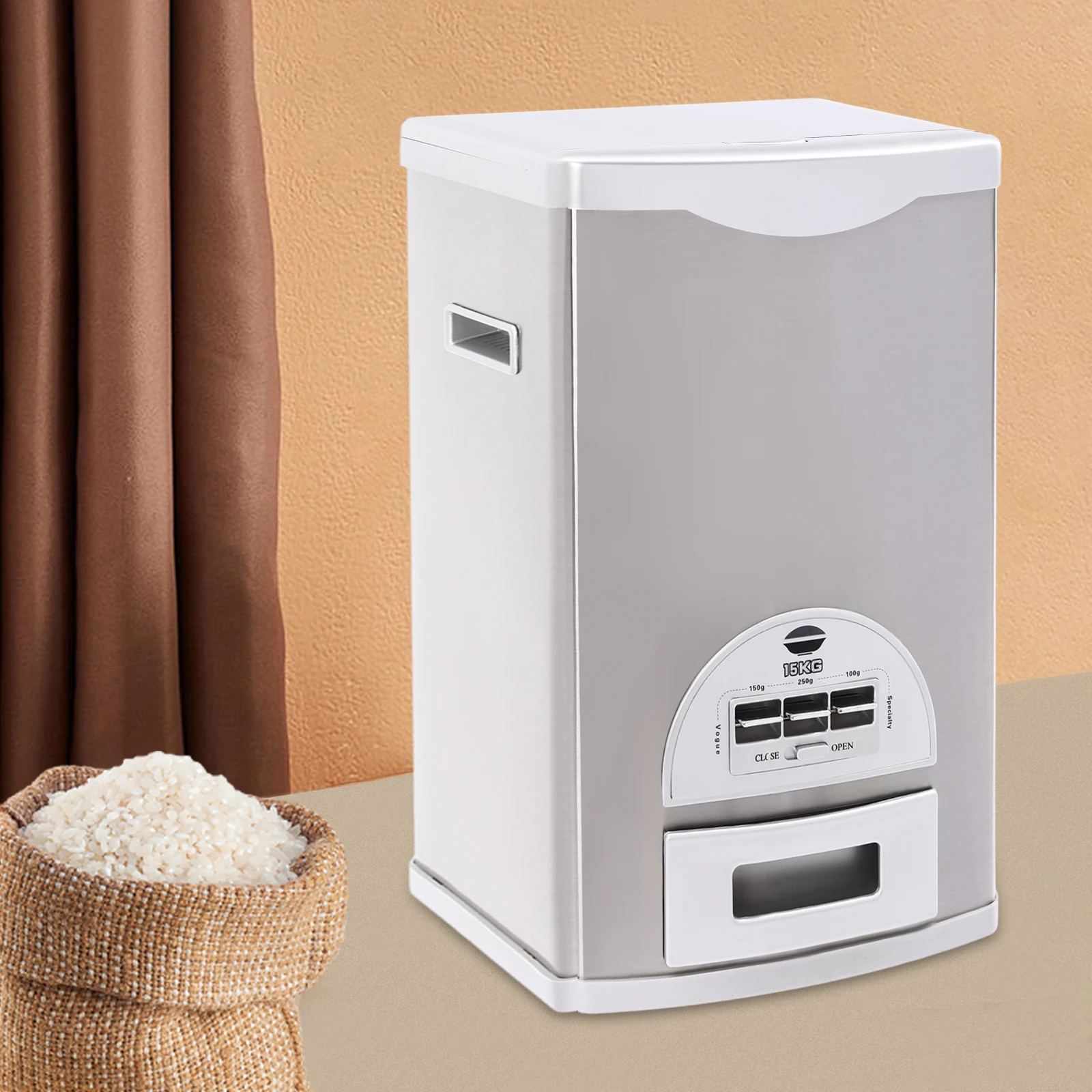 

Silver, 15kg/33 lbs Rice Container, Stainless Steel Rice Dispenser, Food Storage Container with Lid to Store Grains, Rice, Bean