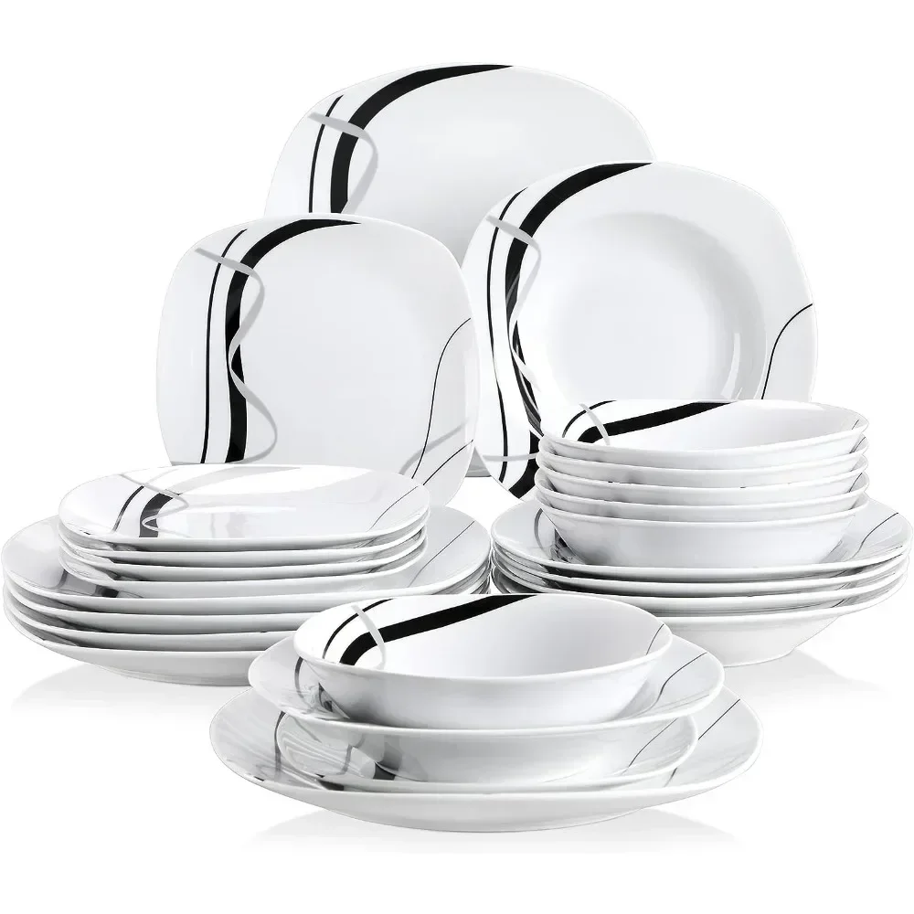 24-Piece White Dinnerware Sets for 6, Porcelain Plates and Bowls Sets including Bowls, Dinner Plates, Soup Plates, Dessert Plate