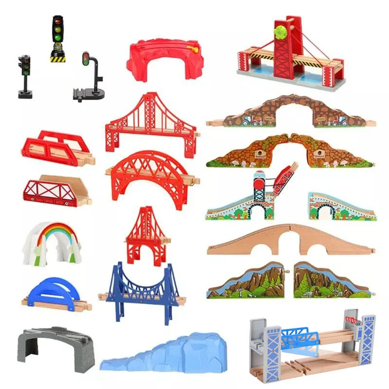 Holzeisenbahngleisbrücke, Holzeisenbahn-Set, Zubehör, Rennstrecken, passend für Thomas, Lernspielzeug für Kinder