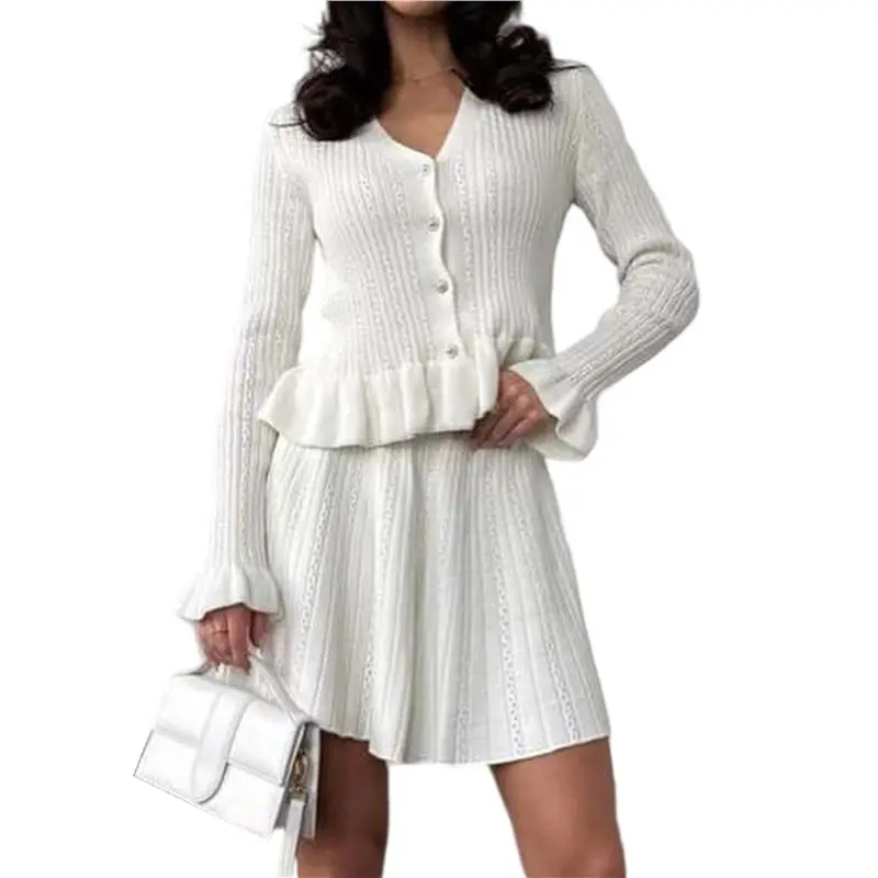 CYL-Women's Two-Piece Knit Set Long Sleeve V-Neck Sweater With Ruffle Hem Mini Skirt Loungewear