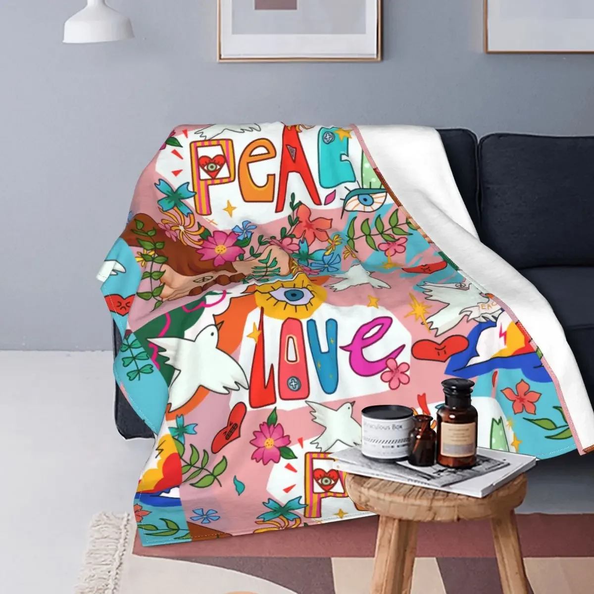 Love Peace Blankets love flower hand-drawing doodle letters Flannel Awesome Breathable Throw Blankets for Bed Sofa Spring/Autumn