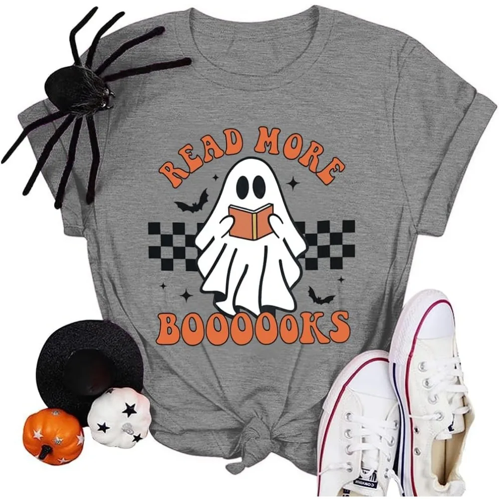 Halloween Teacher Shirts for Women Groovy Read More Books Ghost T-Shirt Short Sleeve Halloween Party Tee Tops
