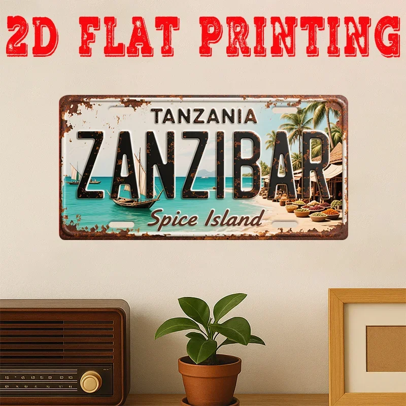 2D Flat,1pc Zanzibar Island Metal Tin Sign - Vintage Tanzania Map & Arabic Script Wall Art, Spice Island Retro Beach House Decor