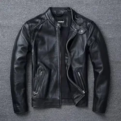 Men Racer Jackets Black Vintage Motorcycle Jacket Retro Stand Collar Motorbike Cowhide Leather Clothing Size 6XL