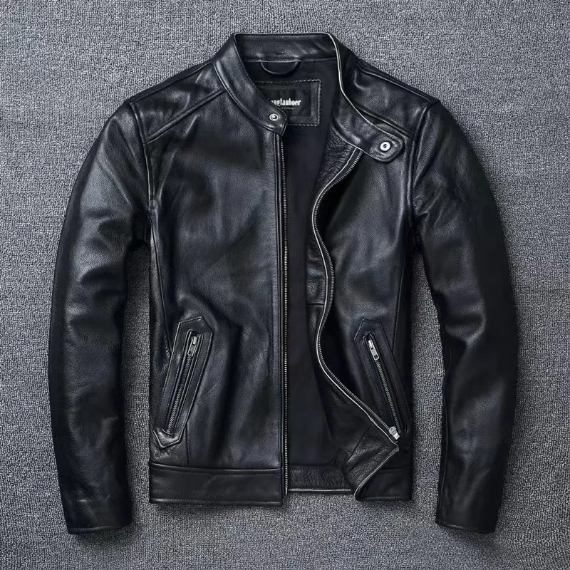 Men Racer Jackets Black Vintage Motorcycle Jacket Retro Stand Collar Motorbike Cowhide Leather Clothing Winter Size 6XL