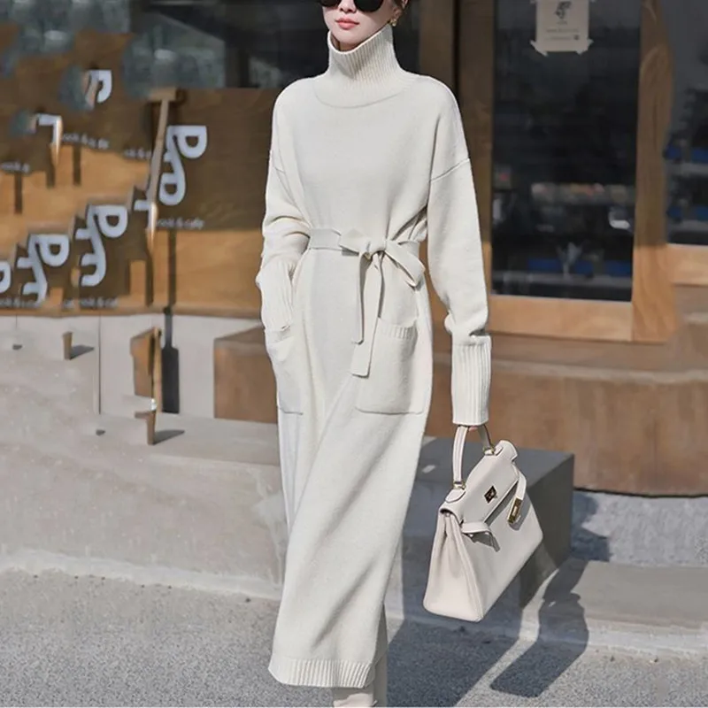 Solid Color Knit Turtleneck Long Sweater Dress, Women's Autumn Winter Slouchy Loose Knit Dress with Pockets and Belts Vestidos