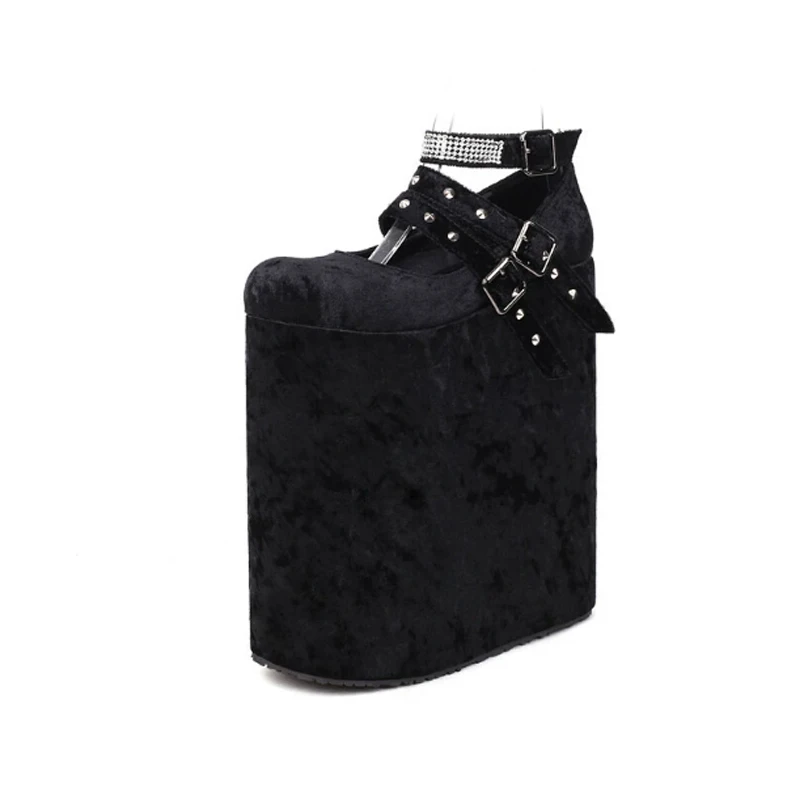 Extreme Platform Heels Rhinestone Ankle Strap Pumps Studded Buckle Straps Gothic Punk Style Wedge Dress Up Performance Shoes