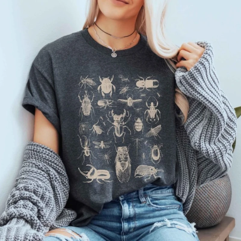 Entomology Shirt Insect TShirt Vintage Bug Print Graphic Tee Dark Academia Lover Crewneck Casual Style Regular Short Sleeve