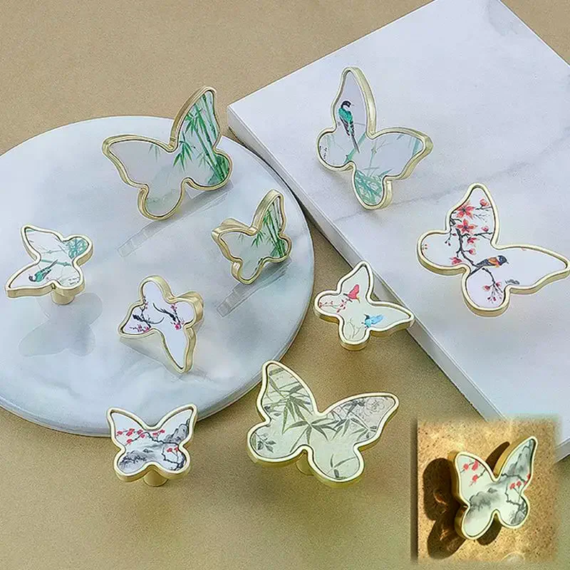Butterfly Shaped Cabinet Knobs Furniture Handles Chinese Painting Patterns Perfect For Kitchen Wardrobe Drawer Home Decoration