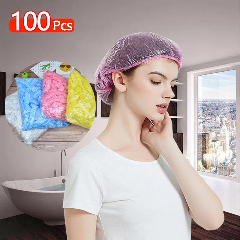 100 Stück Einweg-Duschhauben aus Kunststoff, transparent, große, dicke, wasserdichte Badekappe für Hotel, Reisen, Zuhause, Essentials-Zubehör