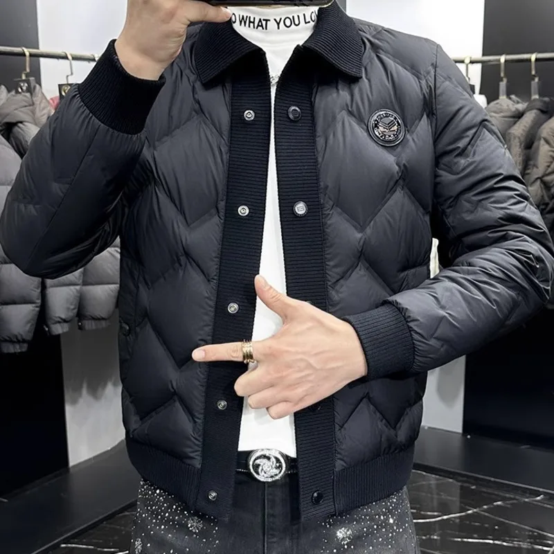 Chaqueta de plumón para hombre, abrigo de Color liso, chaqueta de invierno de manga larga, chaqueta de punto de retales, chaqueta de plumón brillante para hombre, color negro 2024