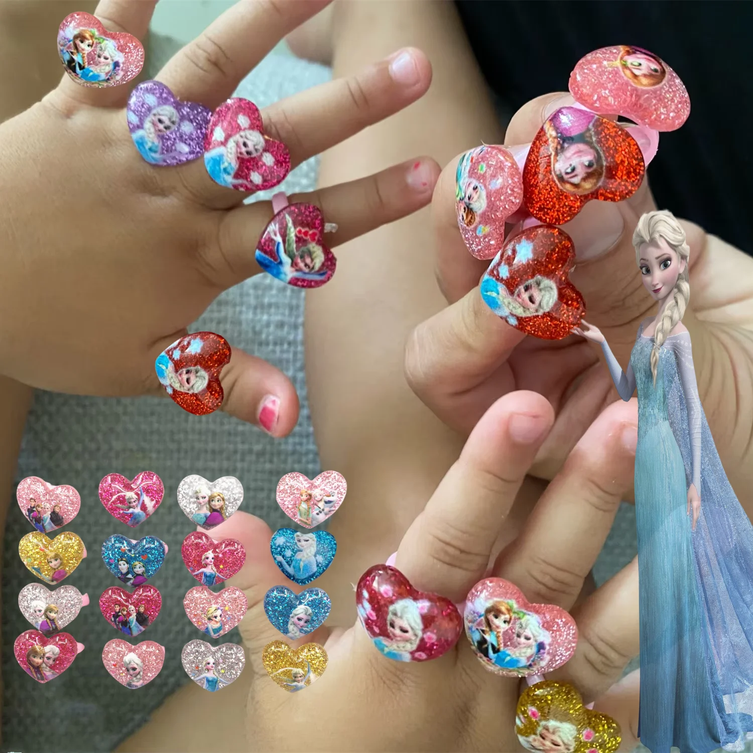 12pc Disney Princess Girls Ring Frozen Elsa Ring Acrylic Minnie Mouse Kids Finger Rings Girls Birthday Gifts Party Supplie