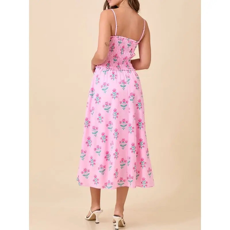 Combhasaki Women Summer Thin Spaghetti Strap Dress Floral Print Ruffled Trim Smocked Sleeveless Square Neck A-line Long Dress