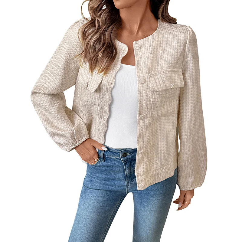 

Women's Casual Jaet round Ne Thi Tweed Coat Autumn Top French Sle Straight Cut Long Sve Buttoned Coat for Ladies