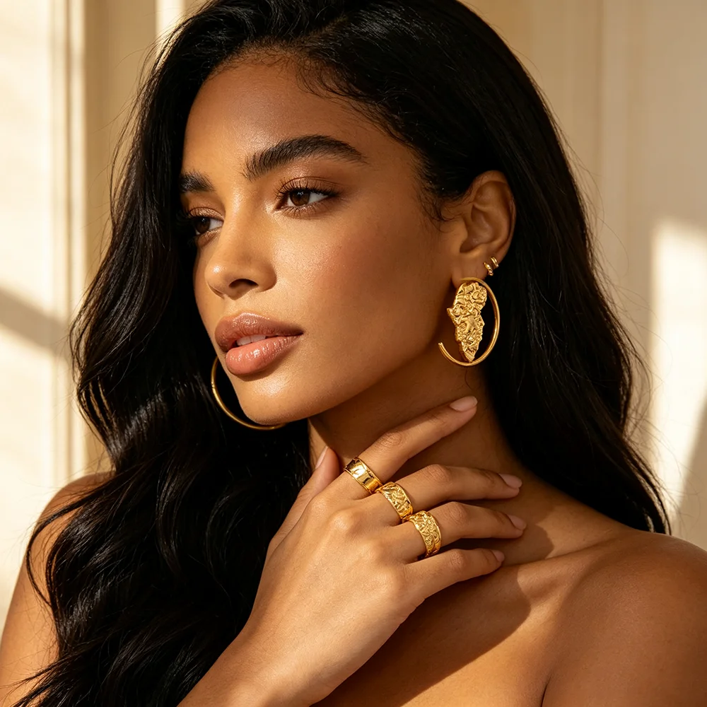 18K Gold Plated Open C Hoop Earring & Ring Set